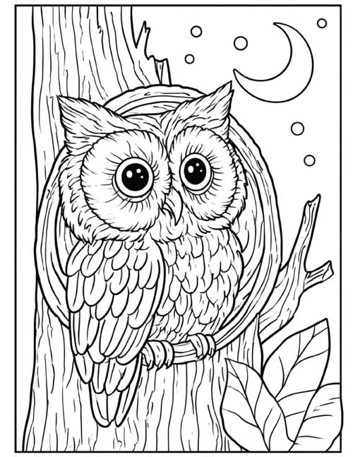 Coloring page of an owl perched in a tree hollow under a crescent moon