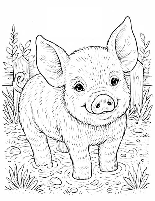 Coloring page of a piglet standing in the mud in its pen