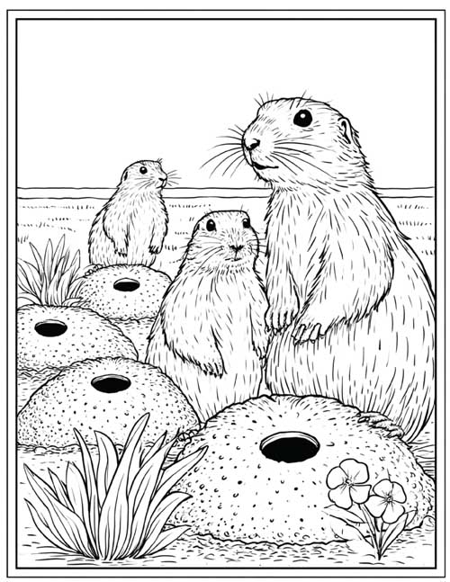 Coloring page of prairie dogs standing beside their burrow holes