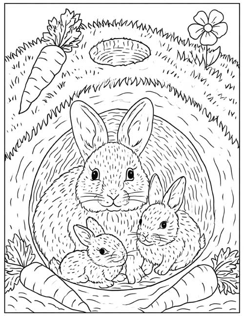 Coloring page of a mother rabbit and two babies in their burrow