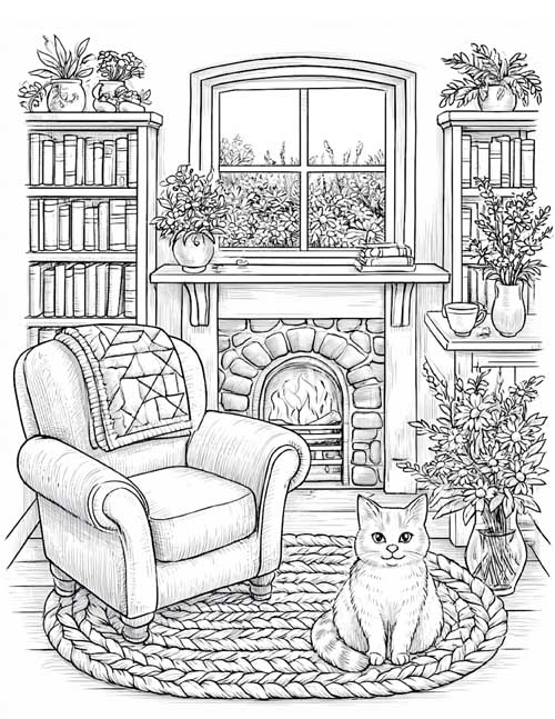 Coloring page of a cat sitting on a braided rug in front of the fireplace
