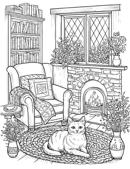 Coloring page of a cat curled up on a rag rug by a stone fireplace