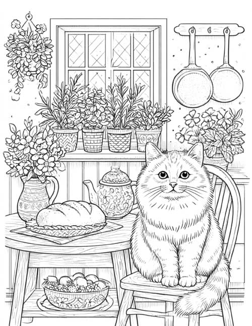 Coloring page of a fluffy cat on a kitchen chair with herbs on the windowsill