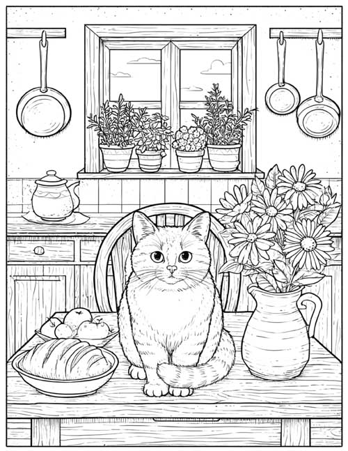 Coloring page of a cat sitting on a kitchen table beside bread and a jug of daisies