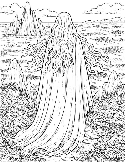 coloring page of a banshee looking out to sea