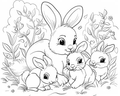 mother's day rabbit and her baby bunnies coloring page