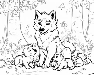 wolf and her pups coloring page