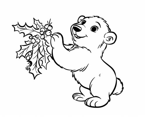 coloring page of a bear cub and holly