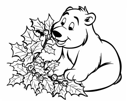 coloring page of a bear and holly
