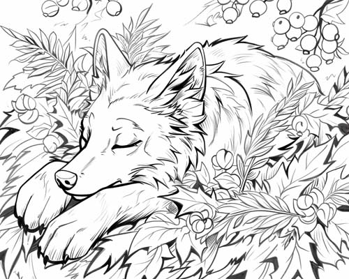 coloring page of a wolf and holly