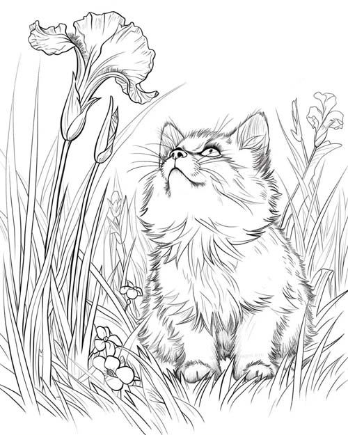 coloring page of a cat and an iris