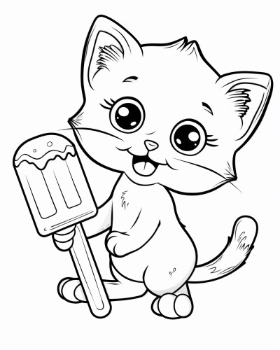 coloring page of a kitten with a popsicle