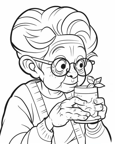 coloring page of a glass of sweet tea with a sprig of mint
