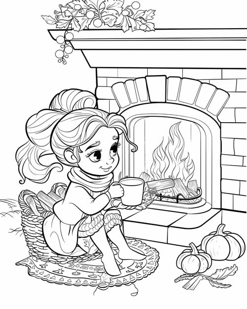 coloring page of a girl cozy by the fireplace
