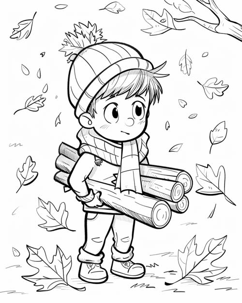 coloring page of a boy collecting firewood