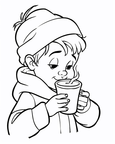 child drinking a warm drink coloring page