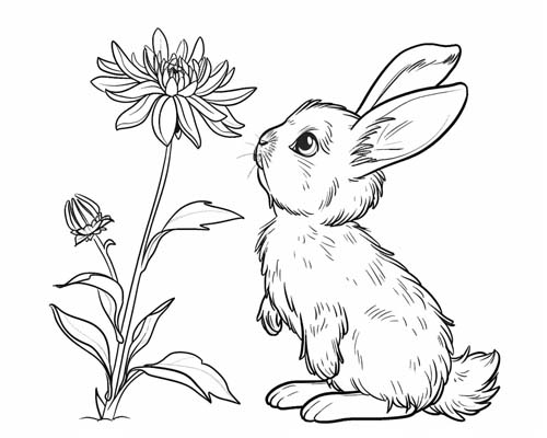 coloring page of a bunny and a chrysanthemum