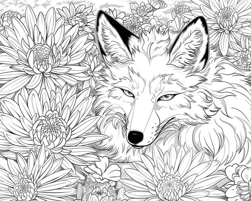 coloring page of a fox and chrysanthemums