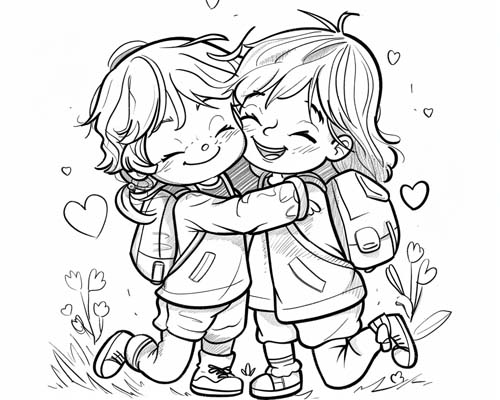 coloring page of friends hugging
