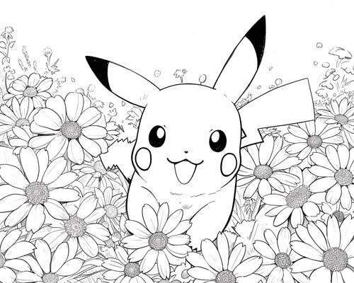 coloring page of pikachu and cosmos