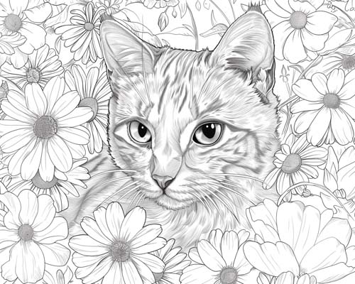 coloring page of a cat and cosmos