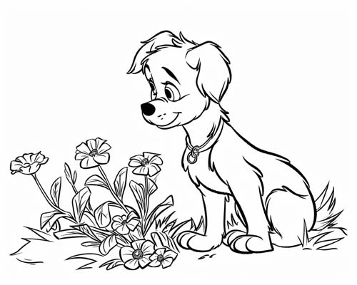 coloring page of a dog and marigolds