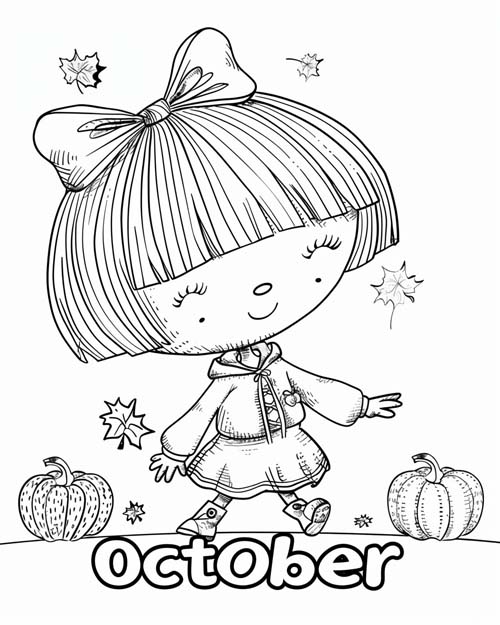October word art coloring page with a little girl and pumpkins