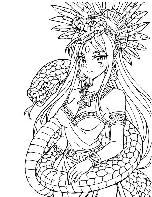 coloring page of the Aztec snake goddess, Cihuacoatl