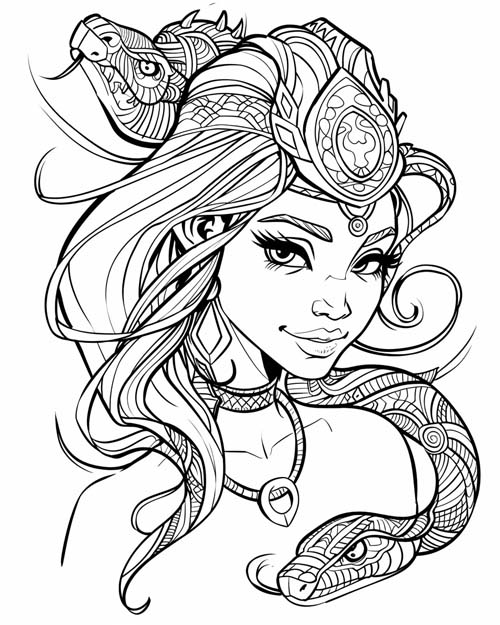 coloring page of the Aztec snake goddess, Cihuacoatl