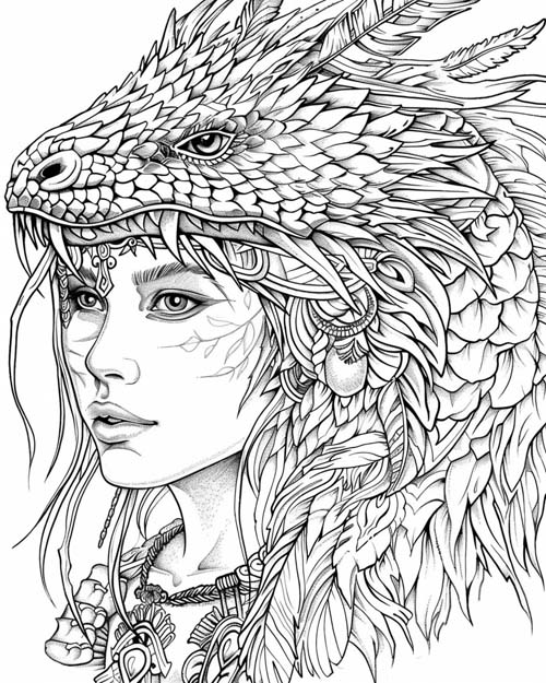 coloring page of the Aztec snake goddess, Cihuacoatl
