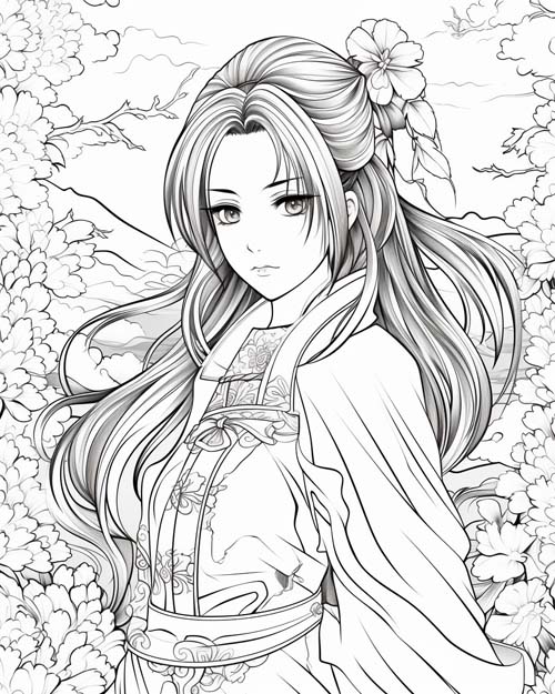 Japanese folklore coloring page of a Konohanasakuya-hime