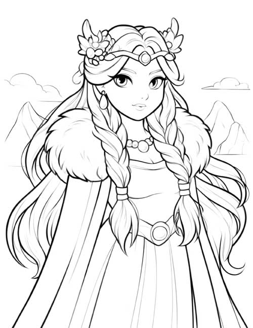 bold lines coloring page of the Norse goddess Freya with braids and a fur-trimmed cloak