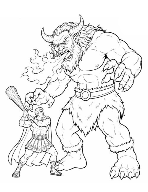 Simple, classic coloring page of Hercules battling the fire-breathing giant Cacus
