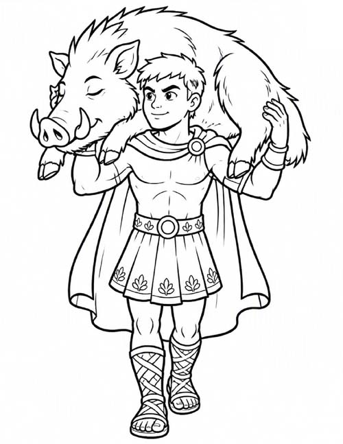 coloring page of Hercules carrying the Erymanthian boar