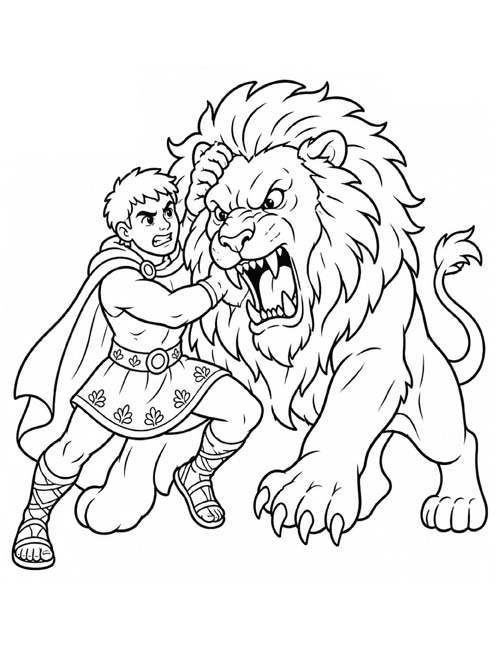 coloring page of Hercules fighting the Nemean lion