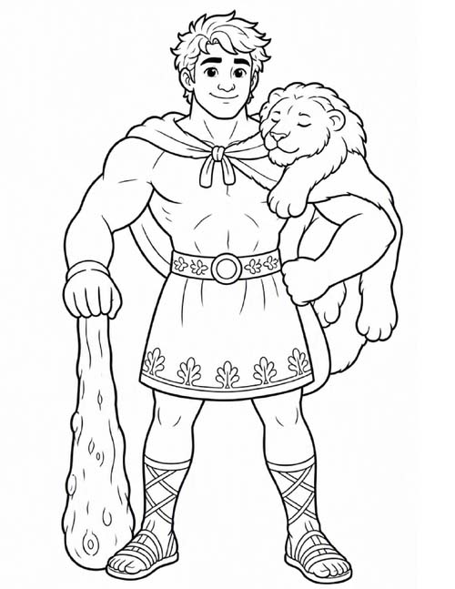 coloring page of Emperor Commodus wearing the lion skin and holding his club