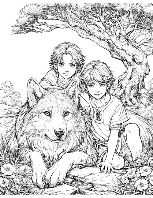 Detailed coloring page of two boys resting beside a she-wolf under a tree among flowers