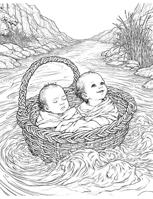 Detailed coloring page of twin babies in a woven basket on a swirling river, one asleep and one awake