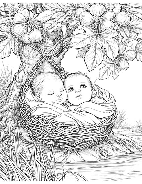 Detailed coloring page of twin babies in a basket under a fig tree beside the river