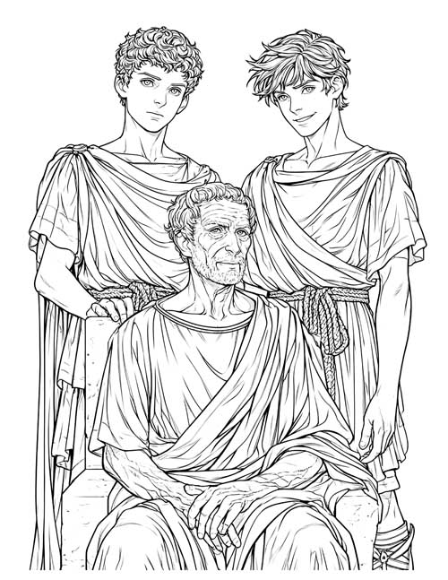 Detailed coloring page of two young men standing behind a seated old king