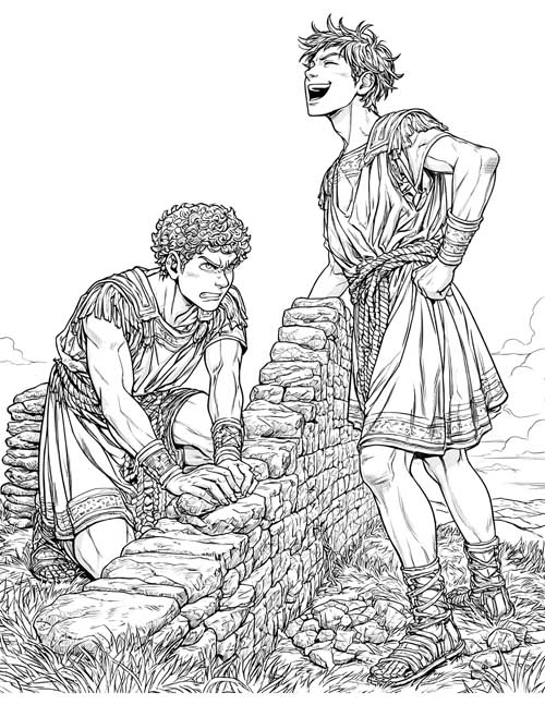 Detailed coloring page of one young man frowning as he builds a stone wall while his brother laughs beside it