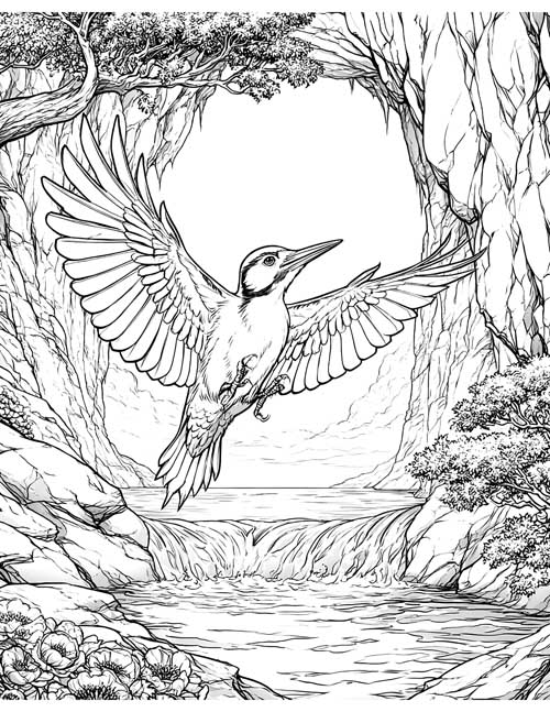 Detailed coloring page of a woodpecker flying over a small waterfall