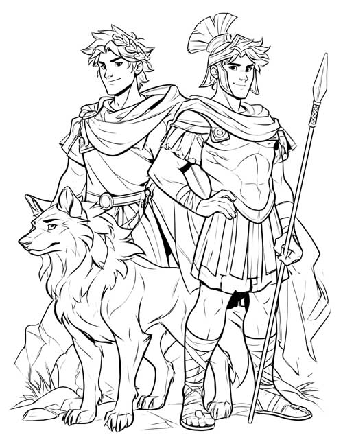 Comic-book style coloring page of the twins, one in a laurel wreath and one in a crested helmet holding a spear, standing beside a wolf