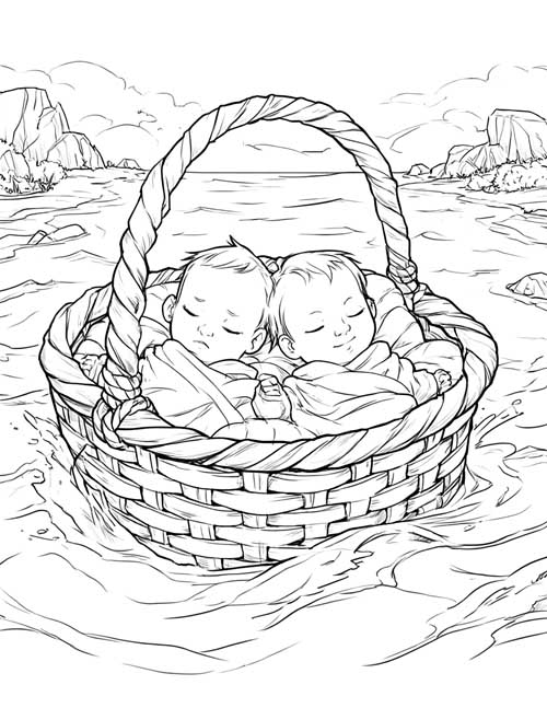 Sketch-style coloring page of twin babies asleep in a basket floating on a river
