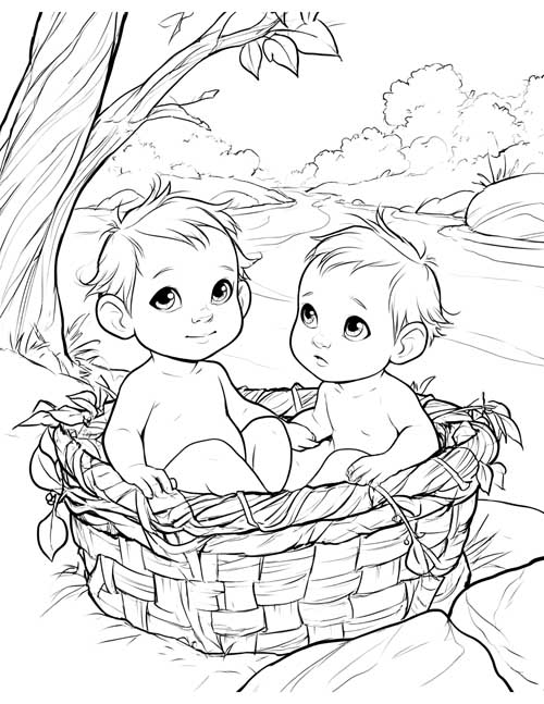 Sketch-style coloring page of two babies sitting up in a basket on the river bank under a tree