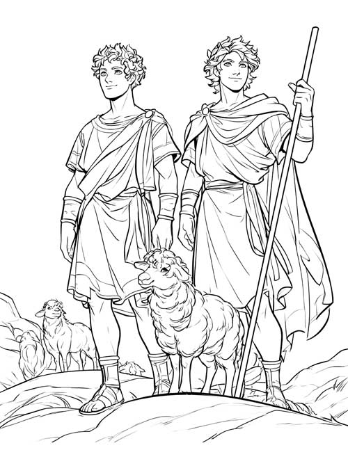 Sketch-style coloring page of two young shepherds standing on a hill with a sheep and a tall staff