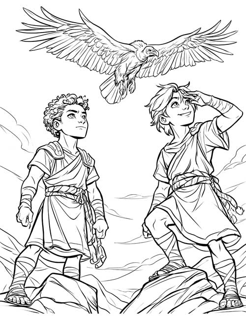 Sketch-style coloring page of two boys standing on rocks watching a vulture fly overhead