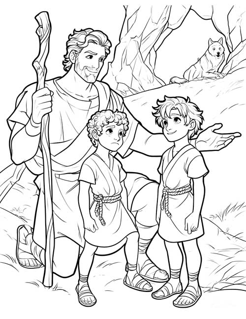 Sketch-style coloring page of a shepherd with a staff kneeling beside two boys while a wolf watches from a cave