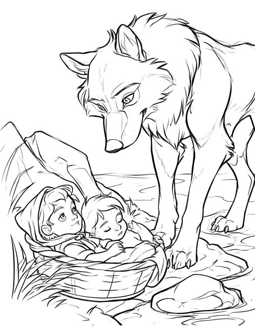 Sketch-style coloring page of a she-wolf looking down at two babies in a basket