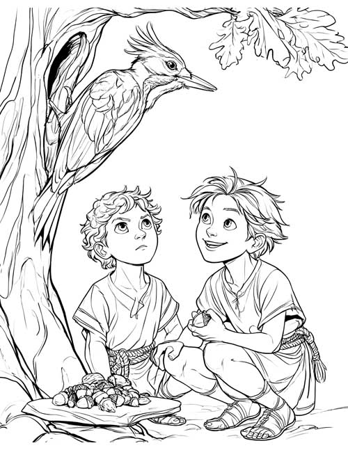 Sketch-style coloring page of two boys looking up at a woodpecker on a tree trunk, with acorns on a flat stone
